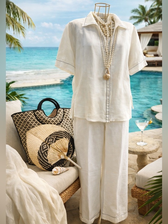 Giorgiana by Naji Pants - Giorgiana by Naji Linen Set XL White Resort Coastal Wide Leg Outfit